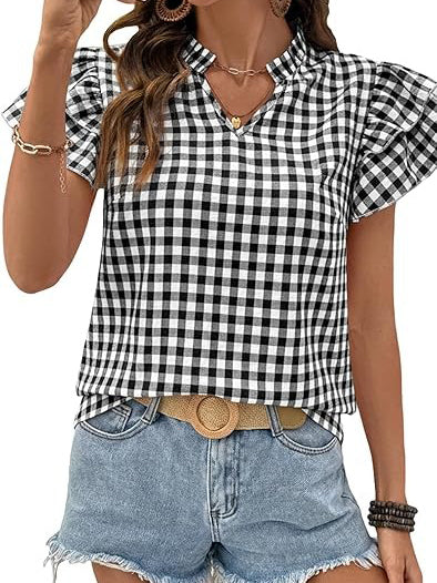 Womens V Neck Ruffle Short Sleeve Gingham Shirts