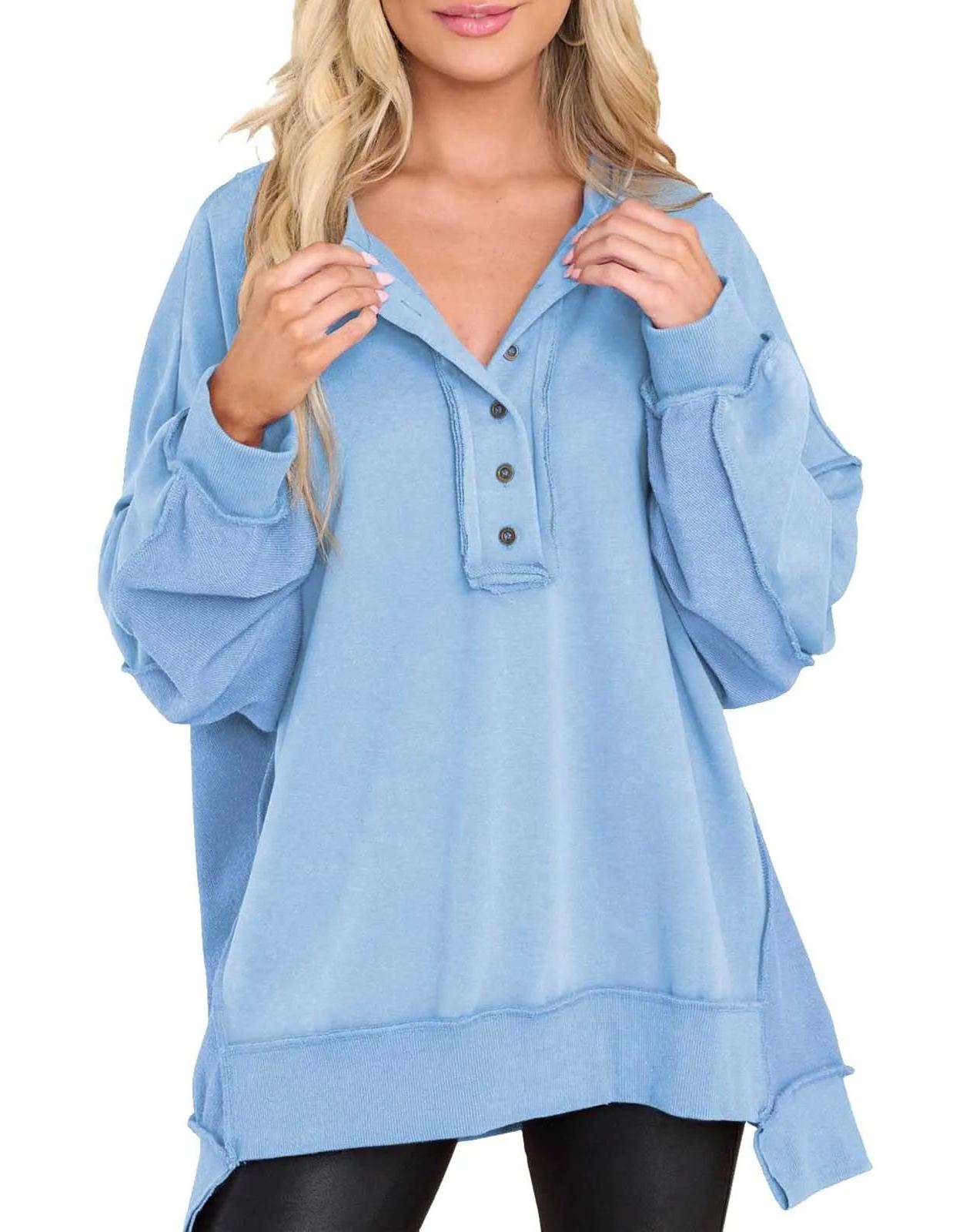 Oversized Casual Buttoned Henley Sweatshirt (Buy 2 Free Shipping)