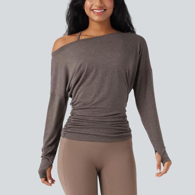 One Shoulder Long Sleeve Thumb Hole Ruched Yoga Sports Top(buy 3 free shipping)