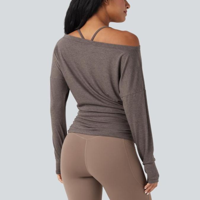 One Shoulder Long Sleeve Thumb Hole Ruched Yoga Sports Top(buy 3 free shipping)