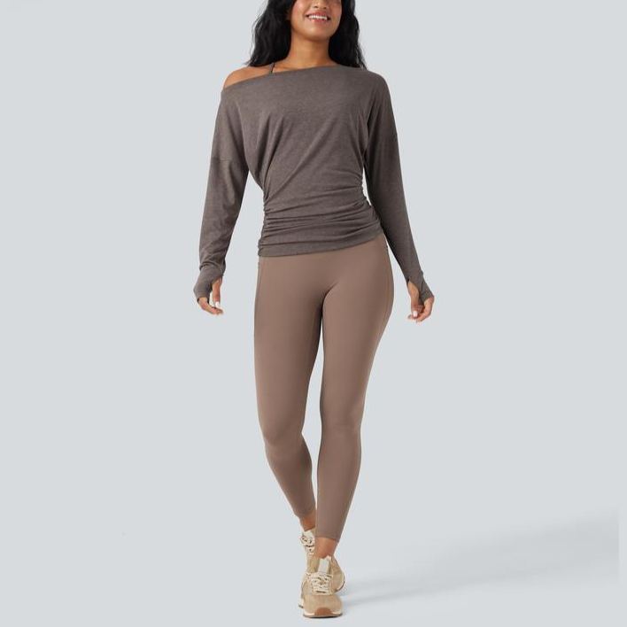 One Shoulder Long Sleeve Thumb Hole Ruched Yoga Sports Top(buy 3 free shipping)