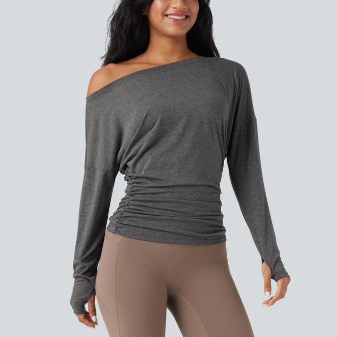 One Shoulder Long Sleeve Thumb Hole Ruched Yoga Sports Top(buy 3 free shipping)