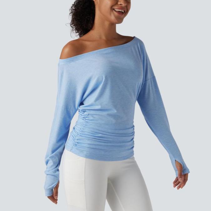 One Shoulder Long Sleeve Thumb Hole Ruched Yoga Sports Top(buy 3 free shipping)