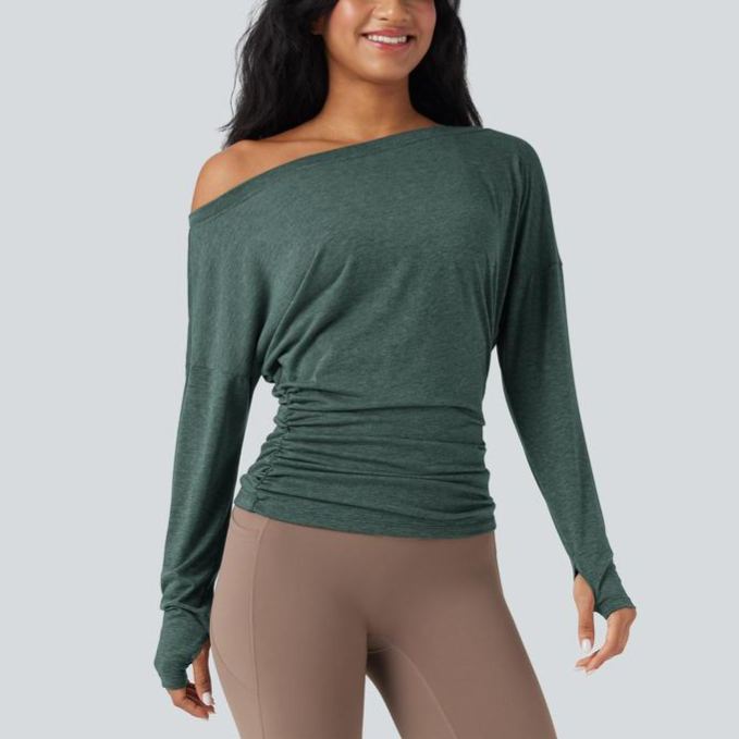 One Shoulder Long Sleeve Thumb Hole Ruched Yoga Sports Top(buy 3 free shipping)