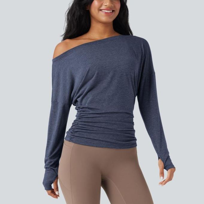 One Shoulder Long Sleeve Thumb Hole Ruched Yoga Sports Top(buy 3 free shipping)