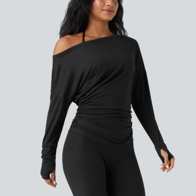 One Shoulder Long Sleeve Thumb Hole Ruched Yoga Sports Top(buy 3 free shipping)