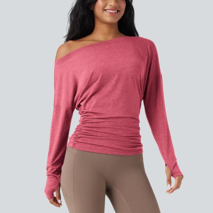 One Shoulder Long Sleeve Thumb Hole Ruched Yoga Sports Top(buy 3 free shipping)