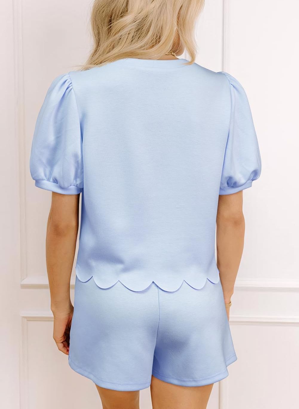 Women's Puff Sleeve Pearl Embellished Scallop Trim Skort Set