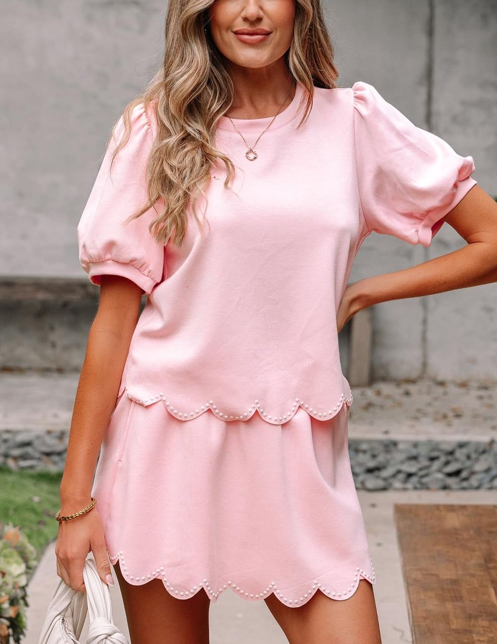 Women's Puff Sleeve Pearl Embellished Scallop Trim Skort Set