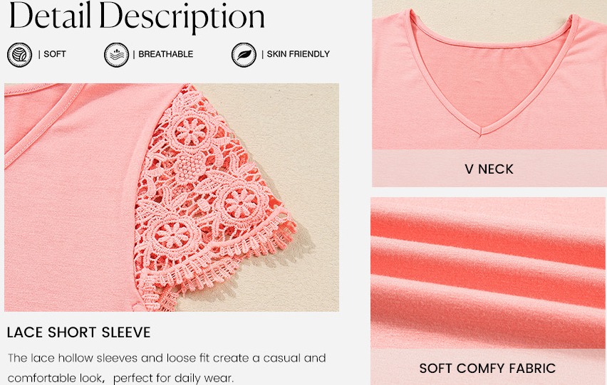 SHEWIN Womens Summer Tops Lace Short Sleeve V Neck T Shirts Loose Fit Tees Casual Work Blouse Tunic