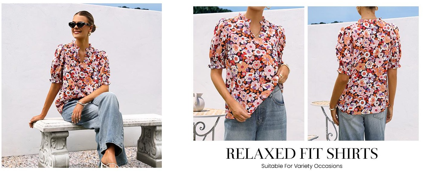 BTFBM Summer Blouses for Women Dressy Casual 2025 Spring Floral Boho Shirts V Neck Puff Short Sleeve Business Work Tops