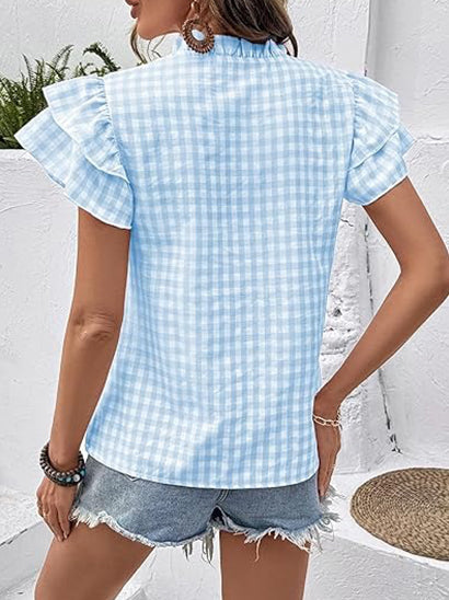 Womens V Neck Ruffle Short Sleeve Gingham Shirts