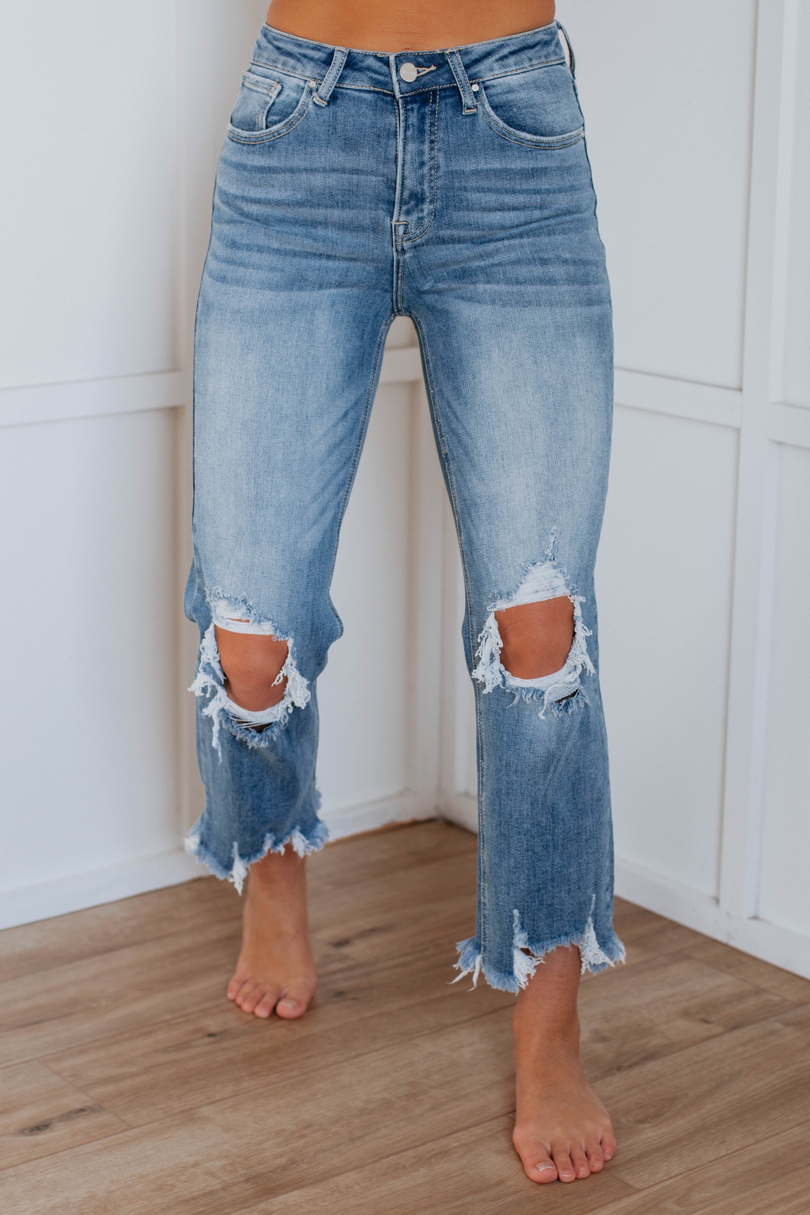 Women's Distressed Stretch High Rise Straight Jeans