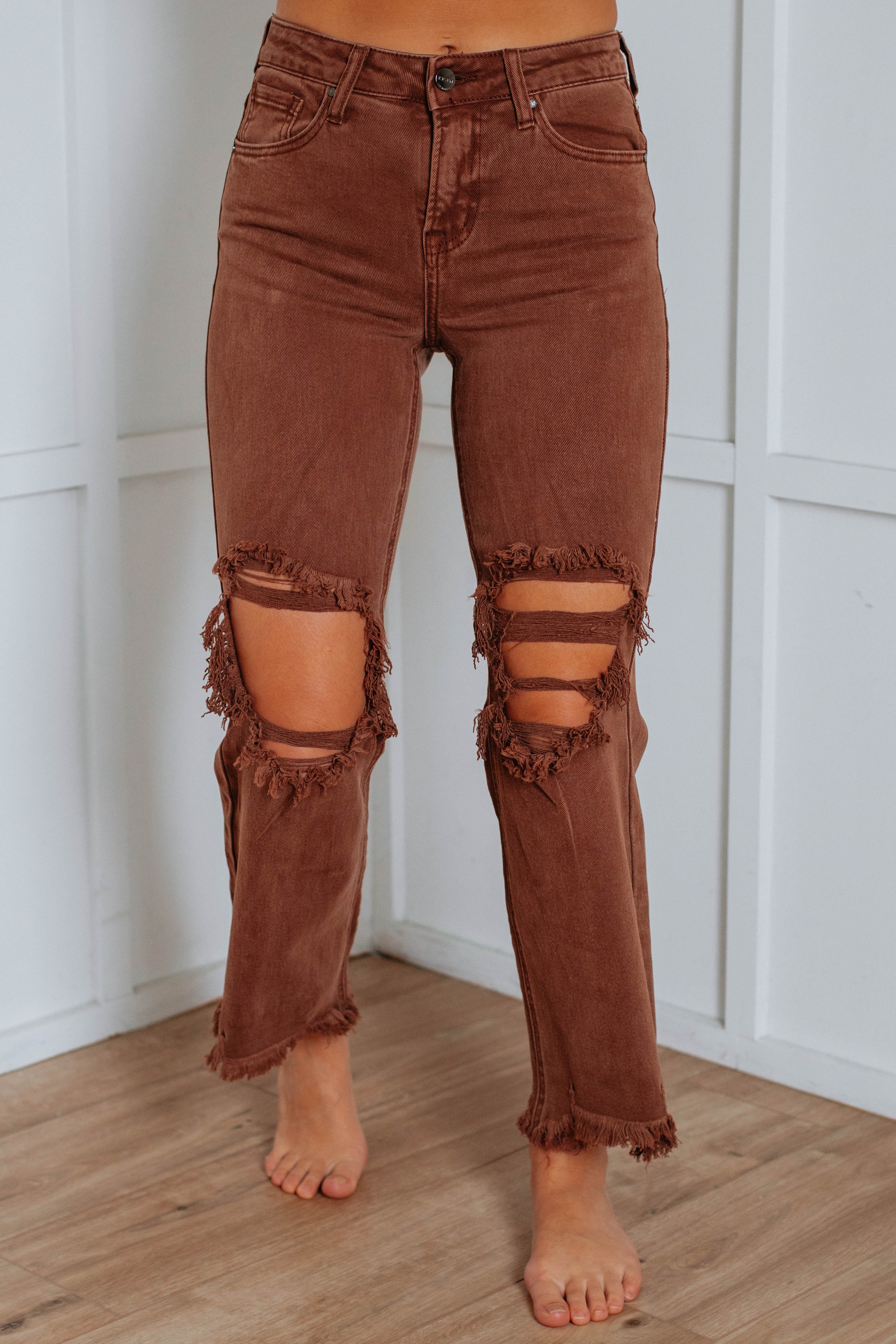 Women's Distressed Stretch High Rise Straight Jeans