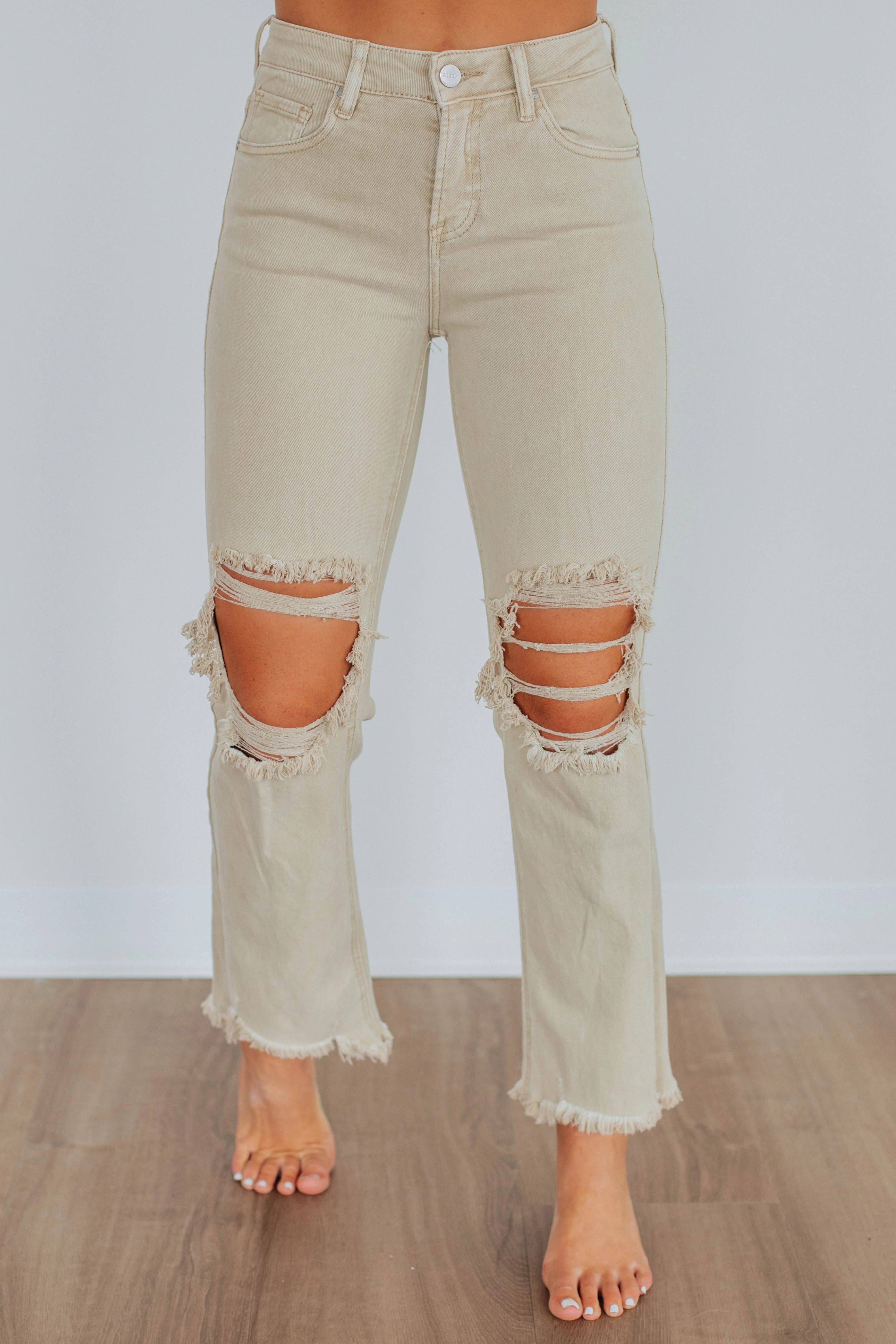 Women's Distressed Stretch High Rise Straight Jeans