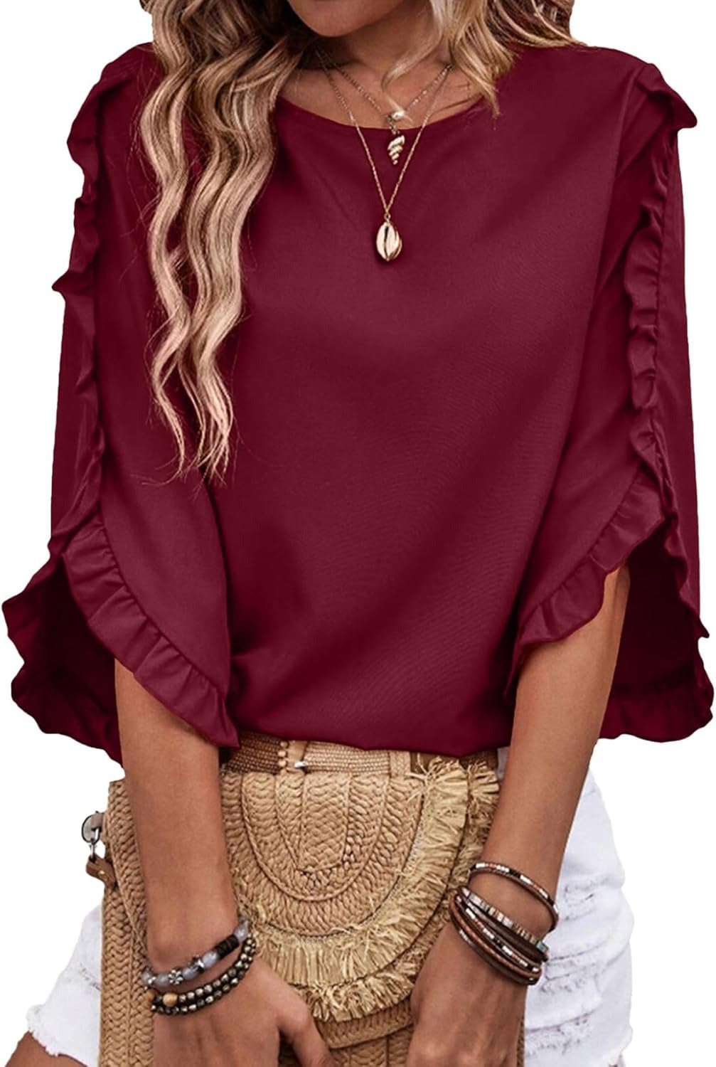 Women's 3/4 Length Sleeve Blouses Crewneck Ruffle Sleeve Shirts