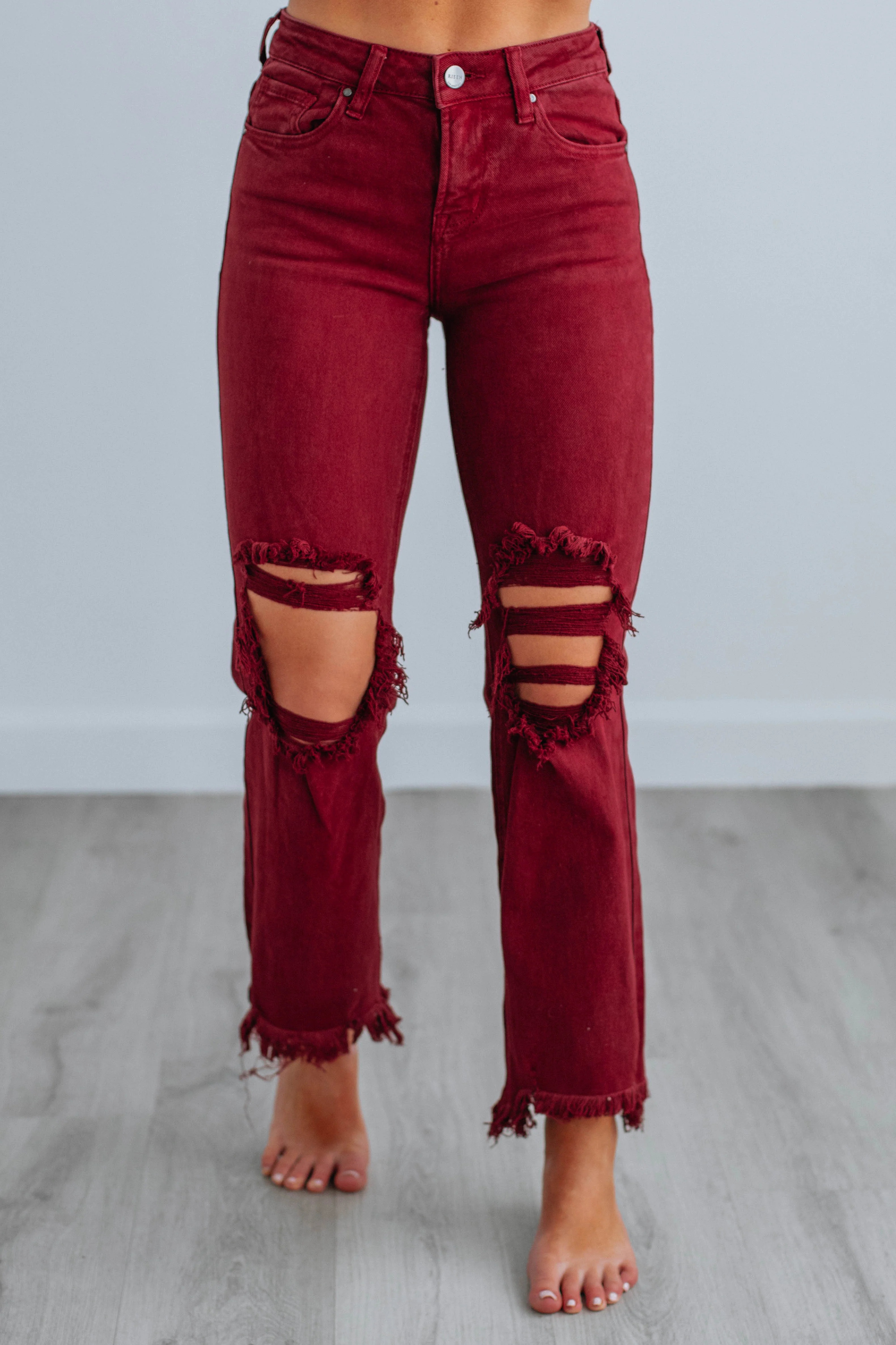 Women's Distressed Stretch High Rise Straight Jeans