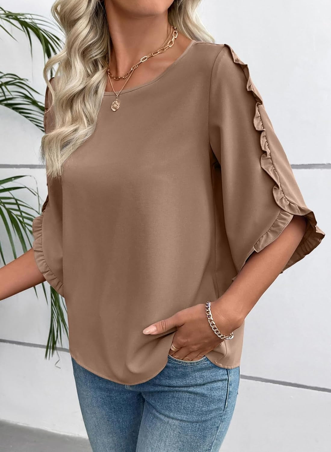Women's 3/4 Length Sleeve Blouses Crewneck Ruffle Sleeve Shirts