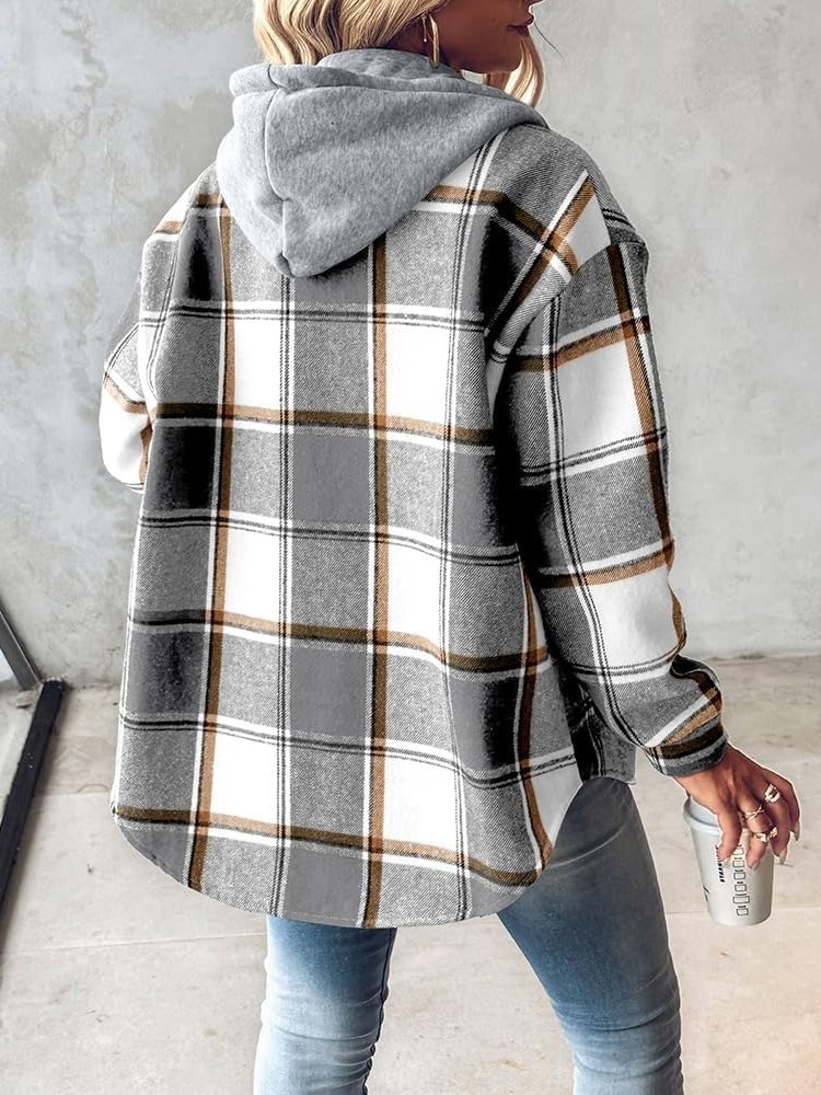 Women's Plaid Button Down Fleece Lined Hooded Jackets Warm Coat