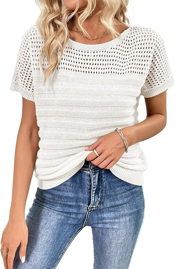 ⏰Hot Sale-Womens Crew Neck Short Sleeve Shirts Knit Hollow Out Tops