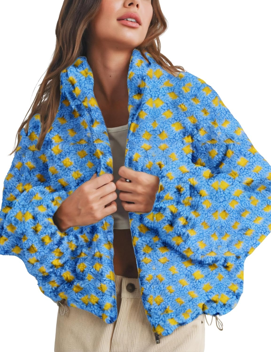 Women’s Cropped Sherpa Fleece Plaid Jacket Chunky Teddy Fleece Outerwear