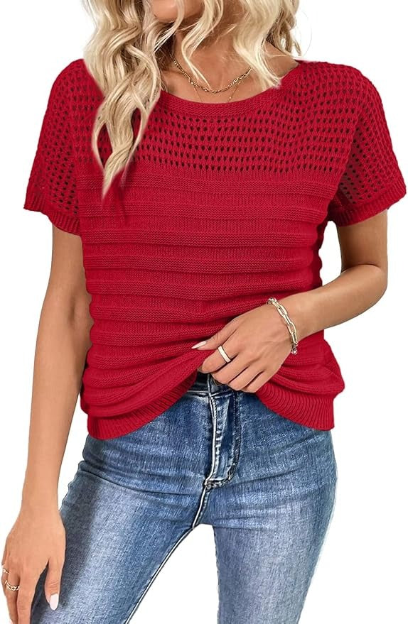 ⏰Hot Sale-Womens Crew Neck Short Sleeve Shirts Knit Hollow Out Tops