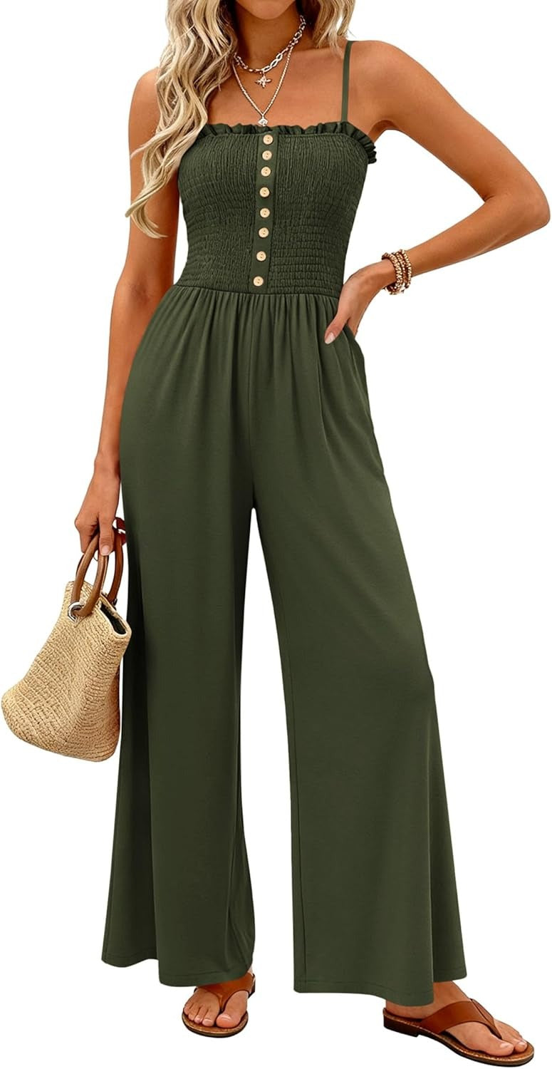 Women's Smocked Spaghetti Strap Wide-Leg Jumpsuit with Pockets