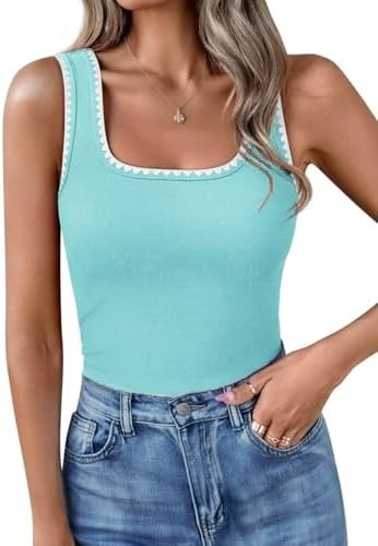 Women’s Square Neck Color Block Ribbed Tank Tops