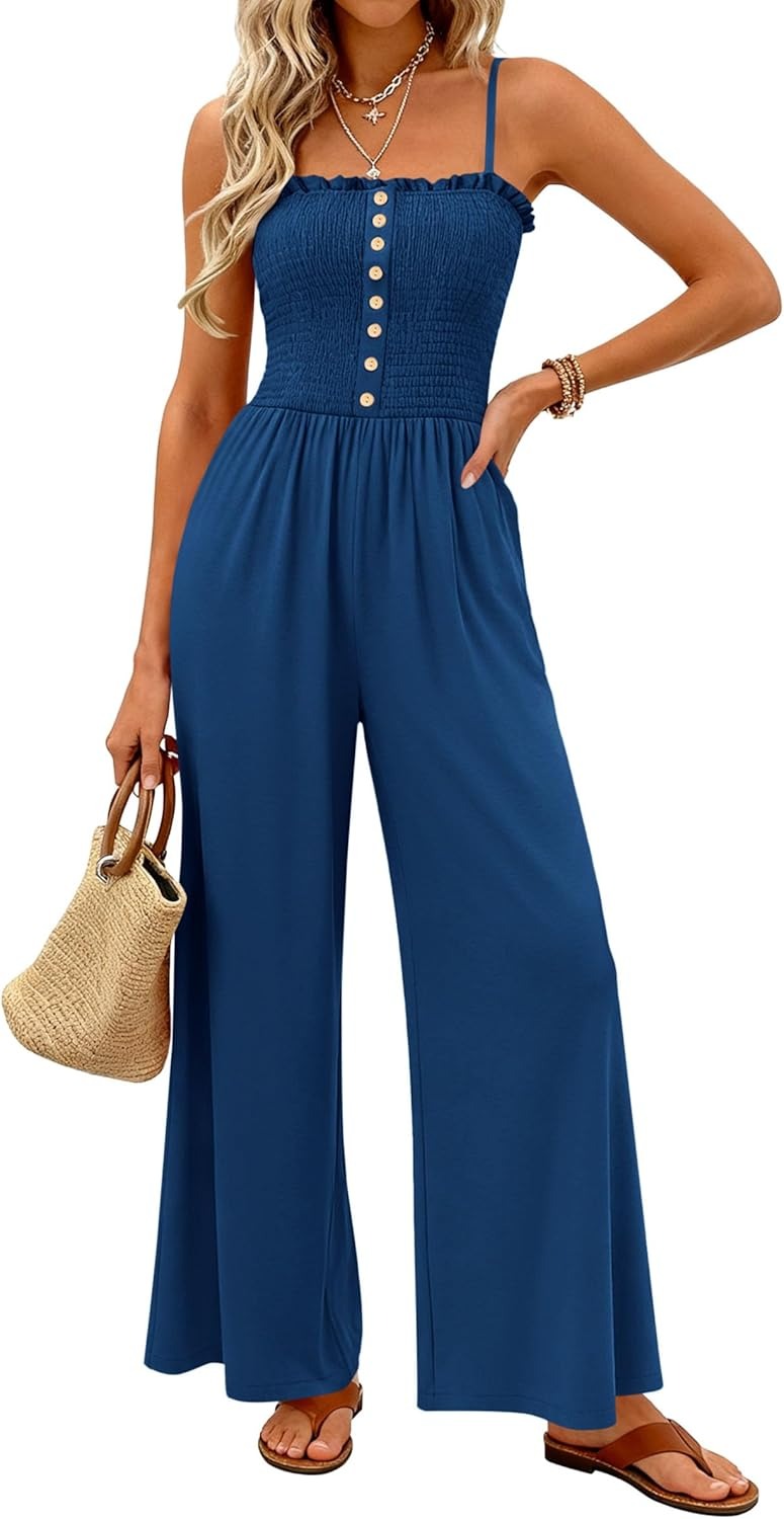 Women's Smocked Spaghetti Strap Wide-Leg Jumpsuit with Pockets