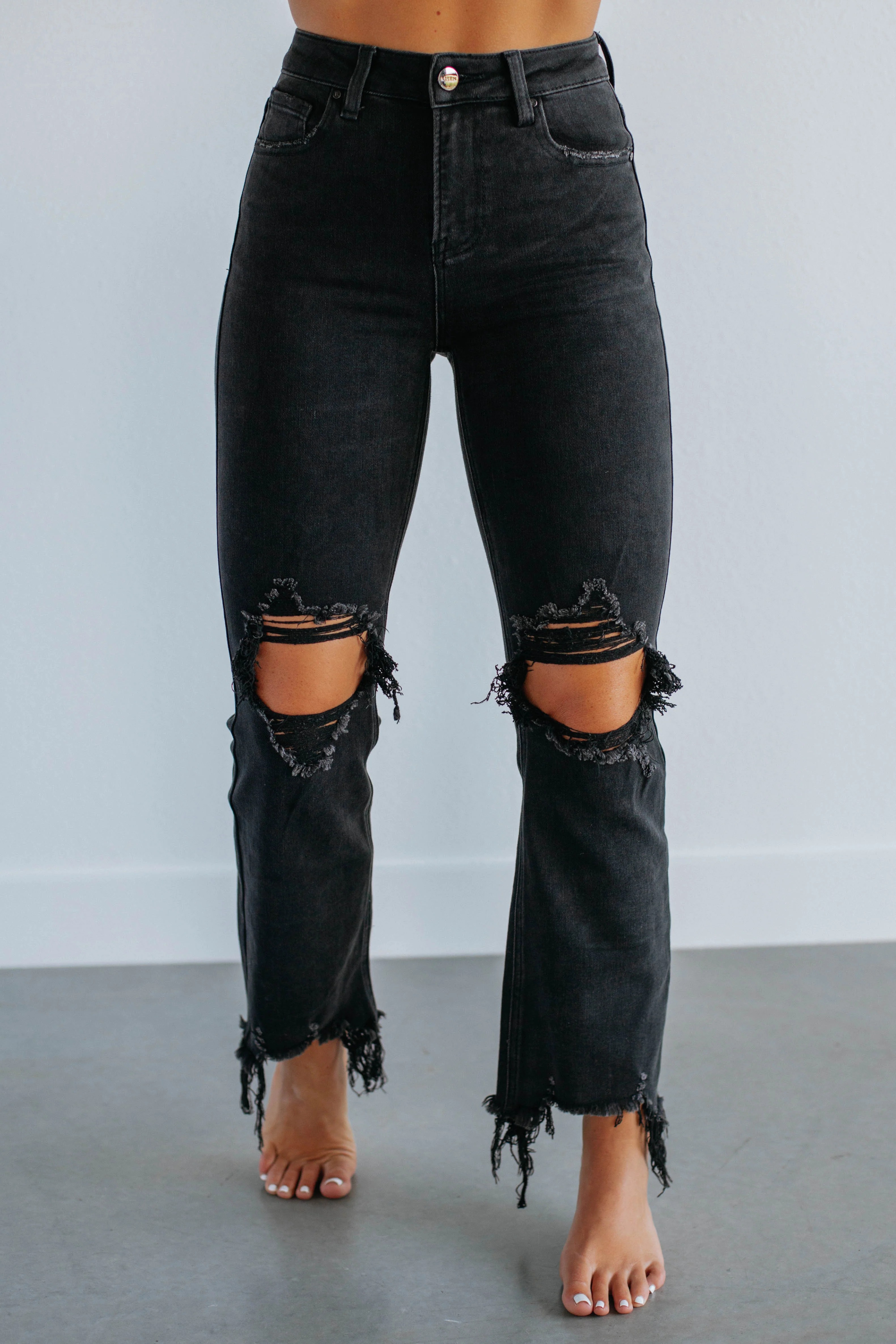Women's Distressed Stretch High Rise Straight Jeans