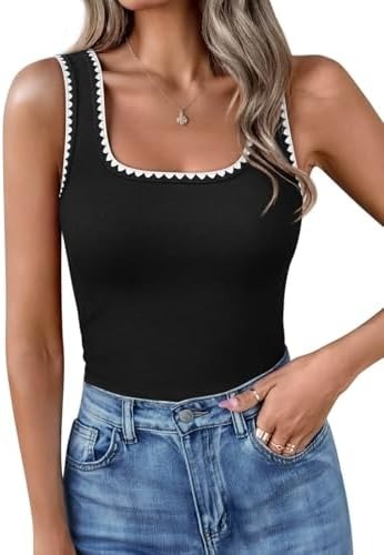 Women’s Square Neck Color Block Ribbed Tank Tops