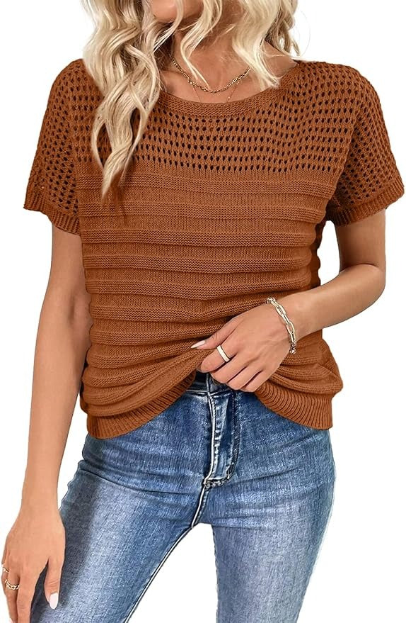 ⏰Hot Sale-Womens Crew Neck Short Sleeve Shirts Knit Hollow Out Tops