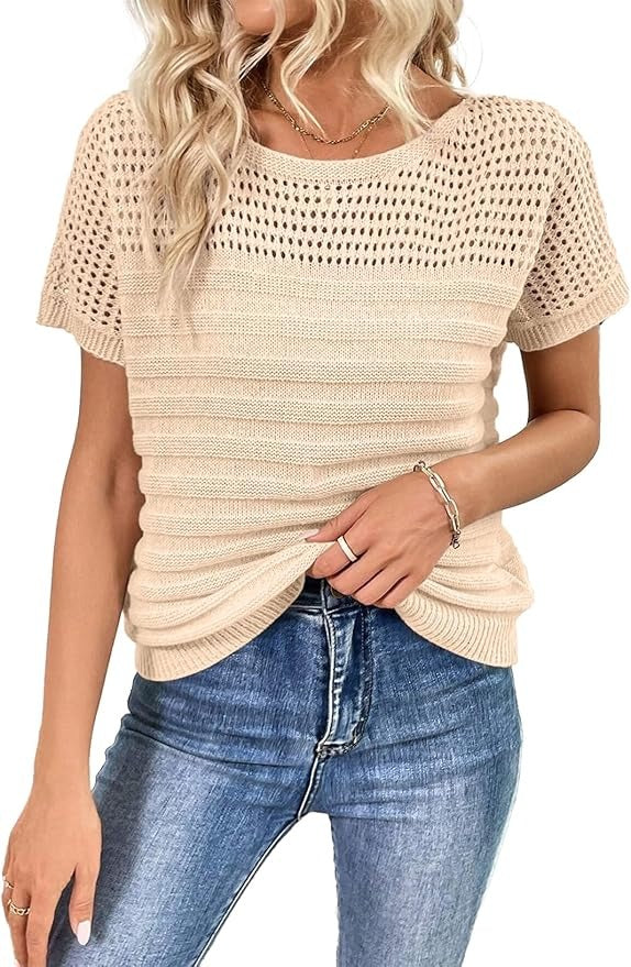 ⏰Hot Sale-Womens Crew Neck Short Sleeve Shirts Knit Hollow Out Tops