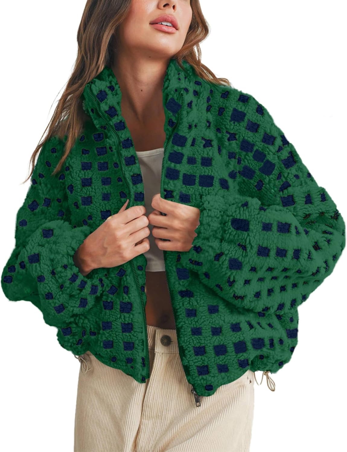 Women’s Cropped Sherpa Fleece Plaid Jacket Chunky Teddy Fleece Outerwear