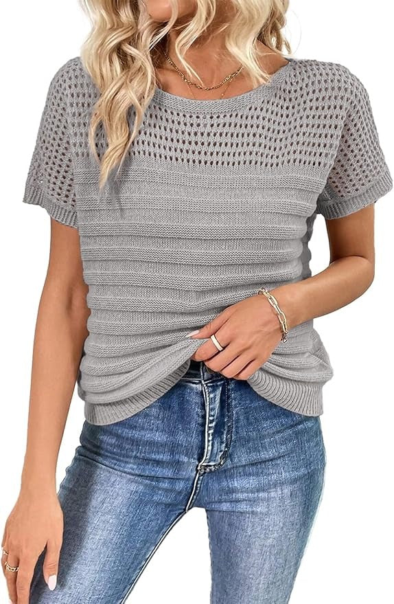 ⏰Hot Sale-Womens Crew Neck Short Sleeve Shirts Knit Hollow Out Tops