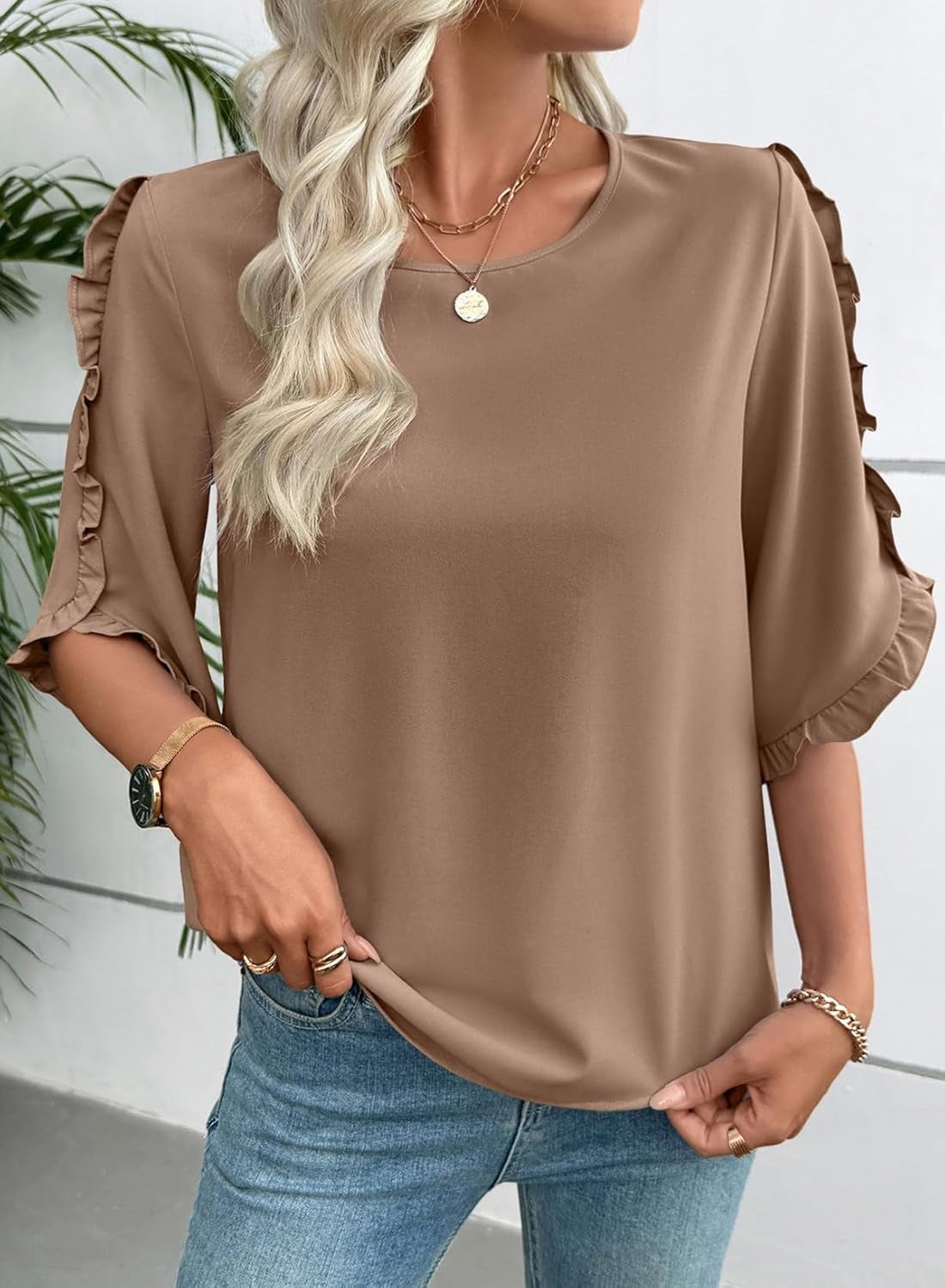Women's 3/4 Length Sleeve Blouses Crewneck Ruffle Sleeve Shirts