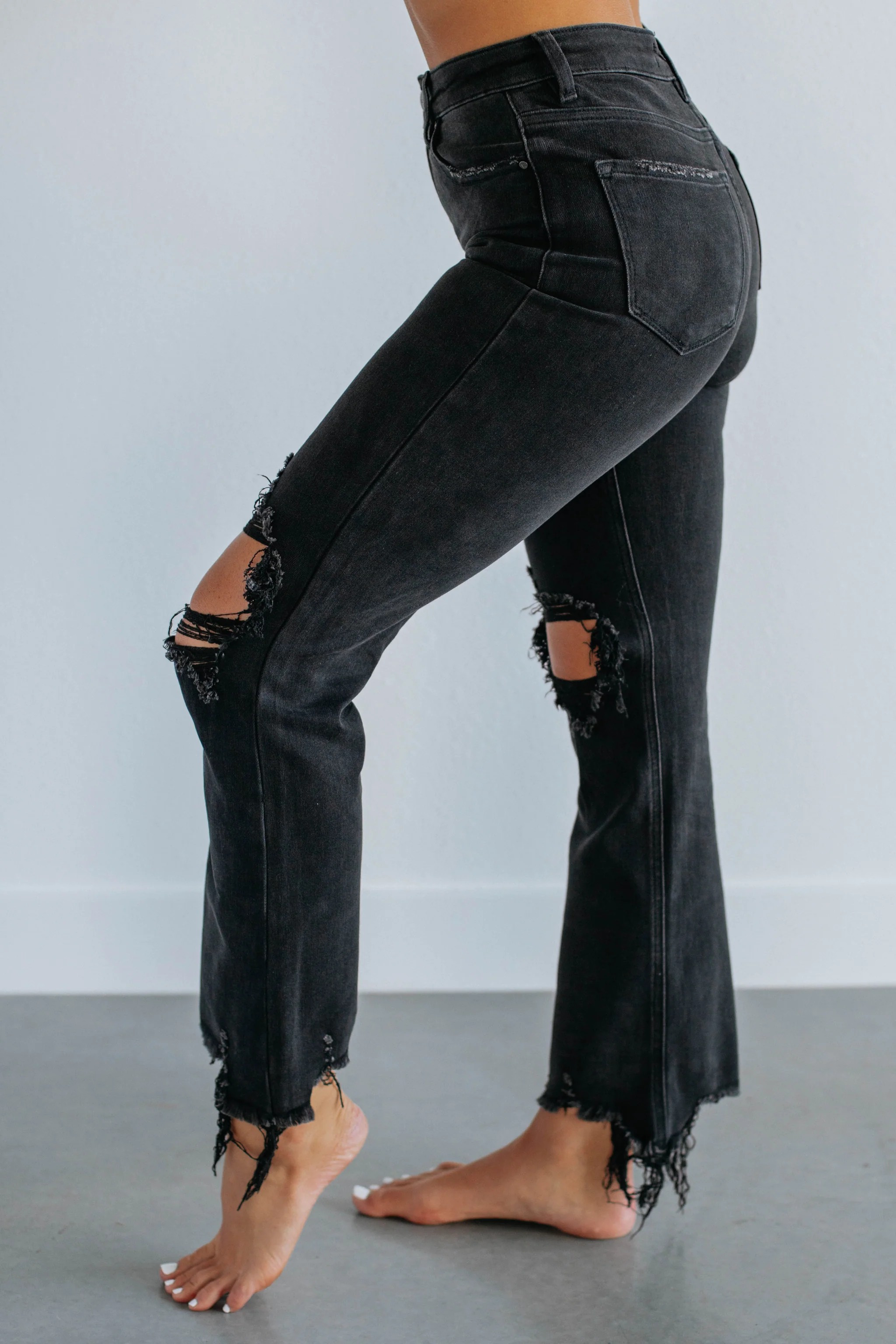 Women's Distressed Stretch High Rise Straight Jeans