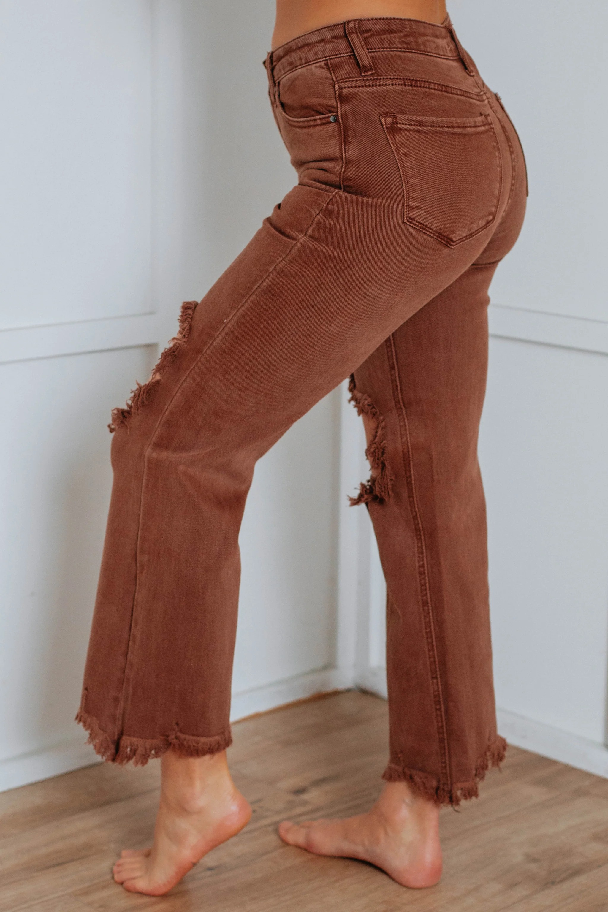 Women's Distressed Stretch High Rise Straight Jeans