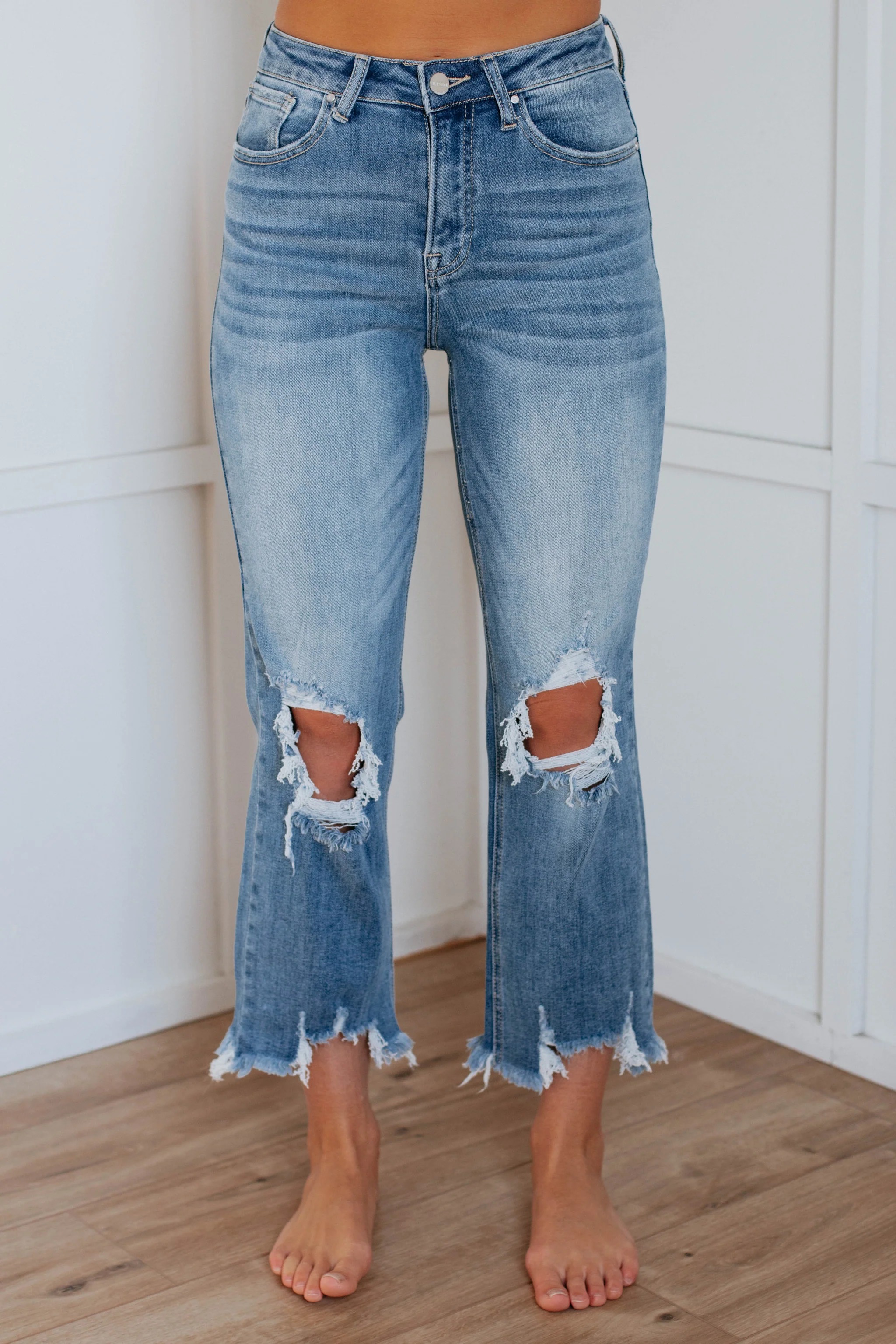 Women's Distressed Stretch High Rise Straight Jeans