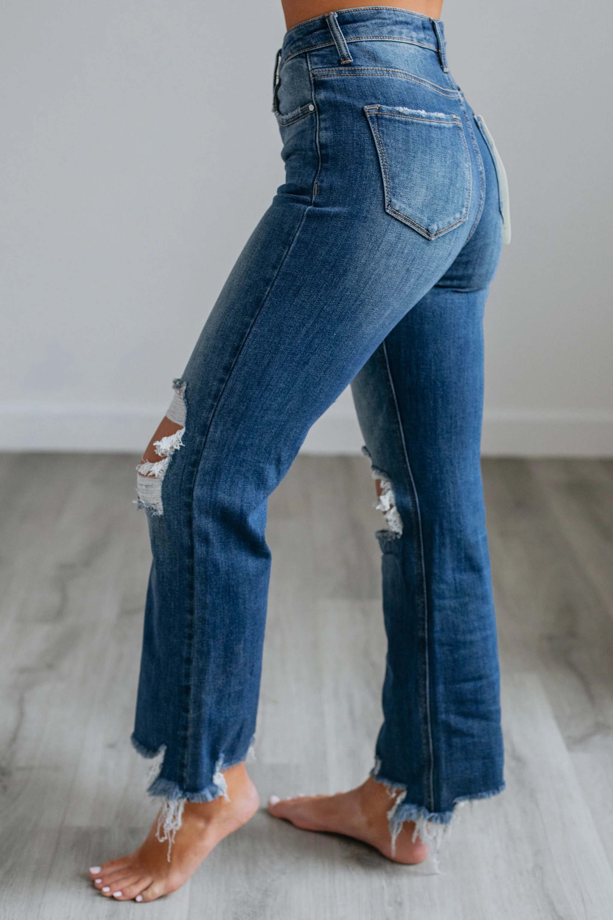 Women's Distressed Stretch High Rise Straight Jeans