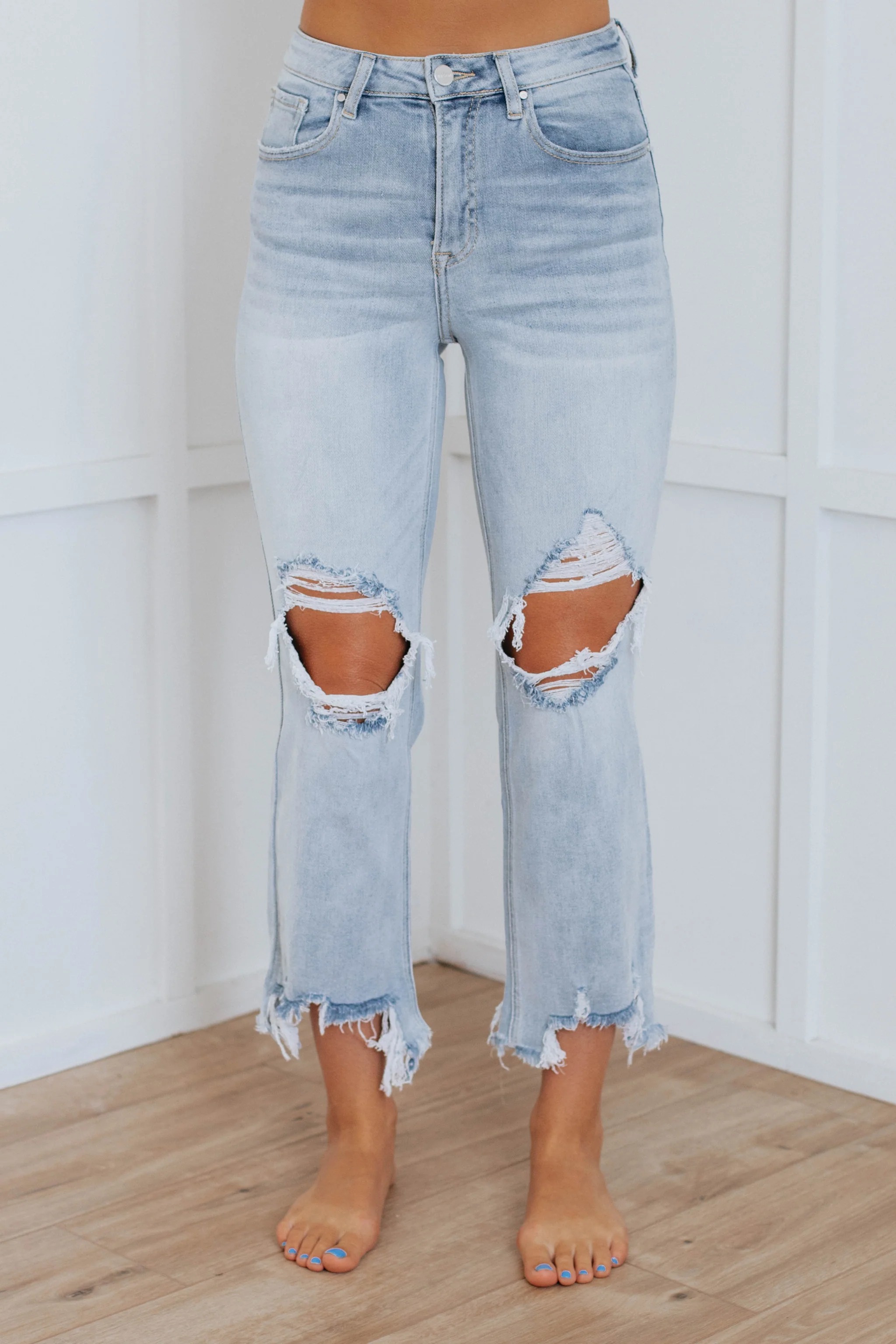 Women's Distressed Stretch High Rise Straight Jeans