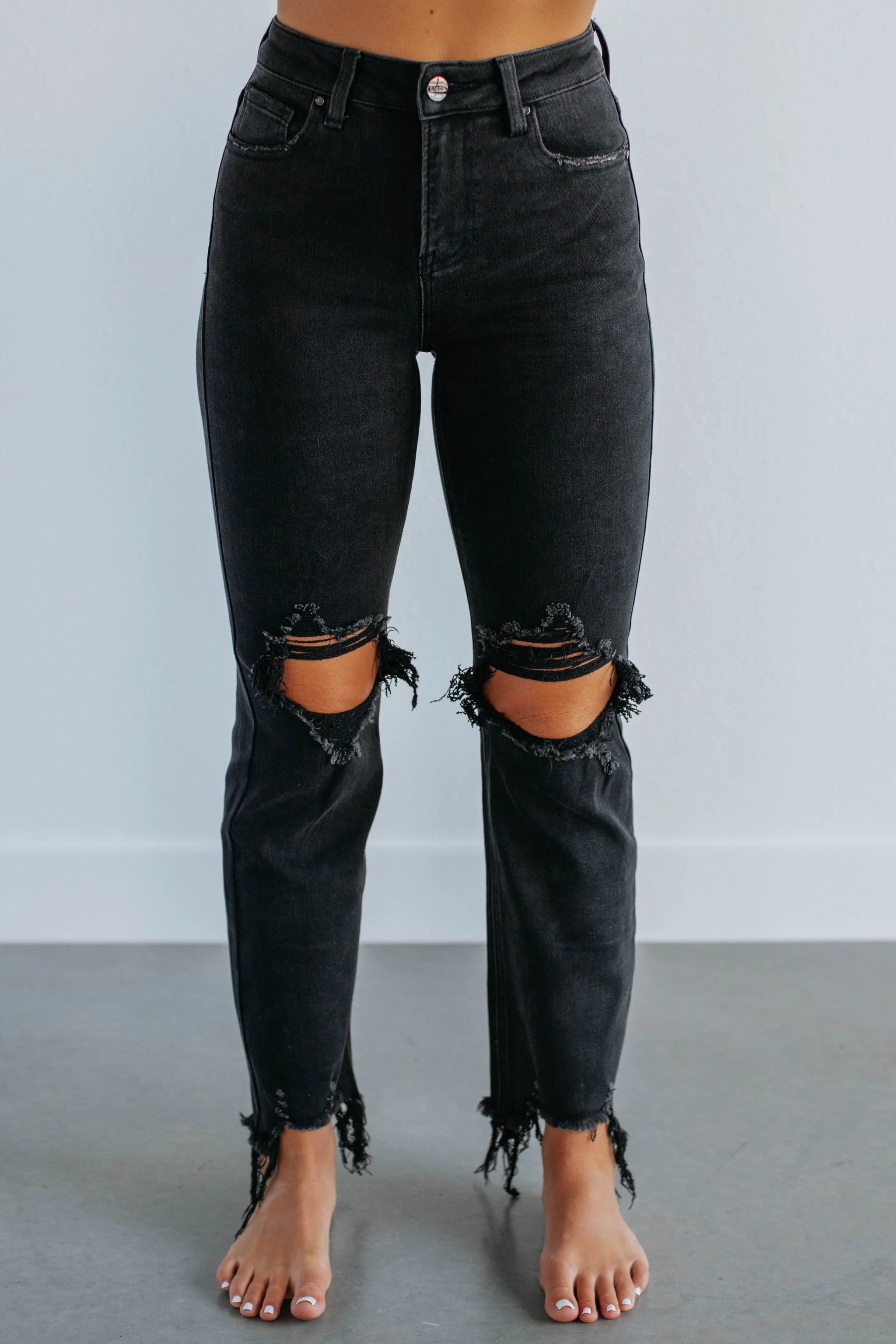 Women's Distressed Stretch High Rise Straight Jeans