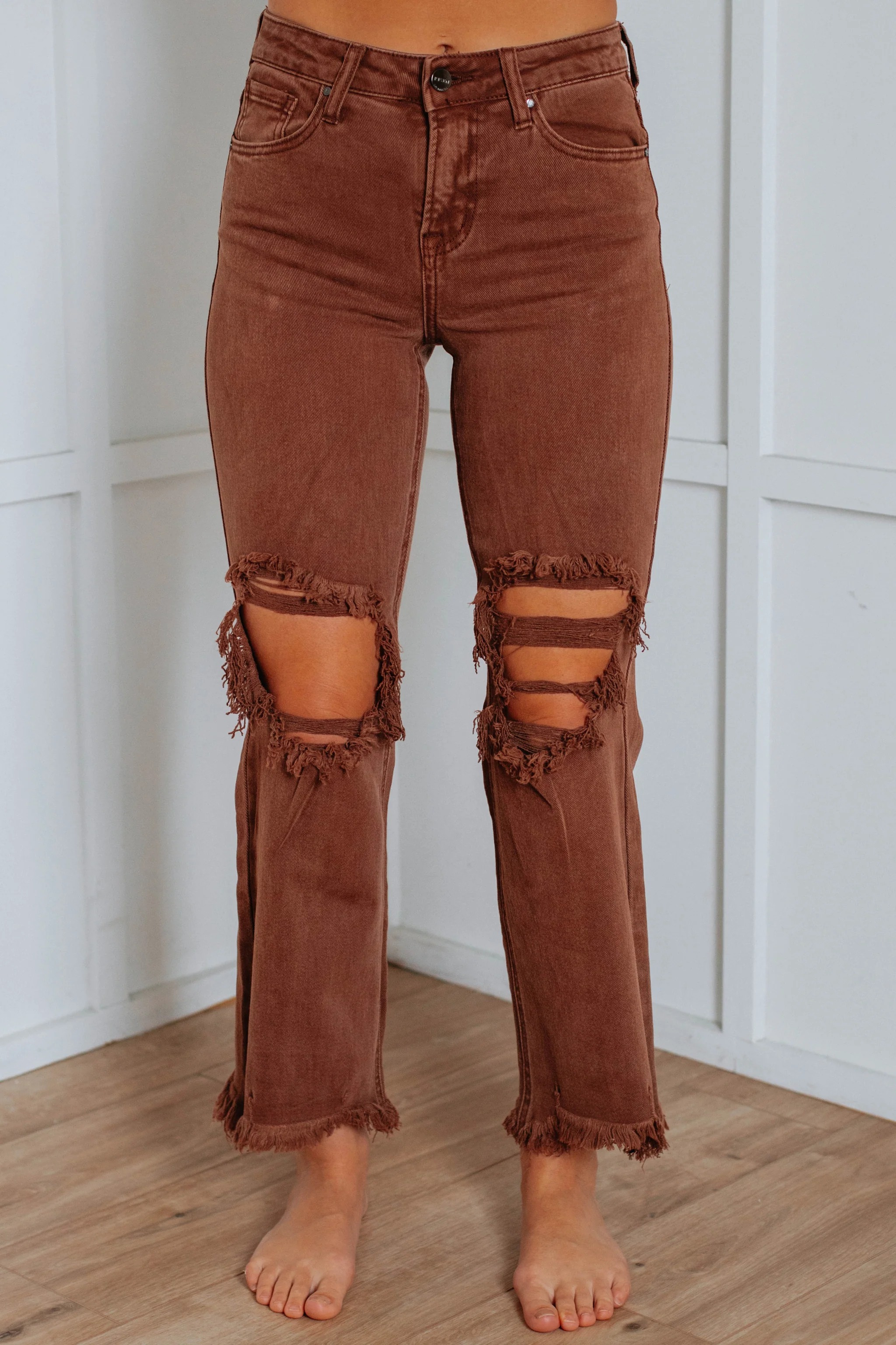 Women's Distressed Stretch High Rise Straight Jeans