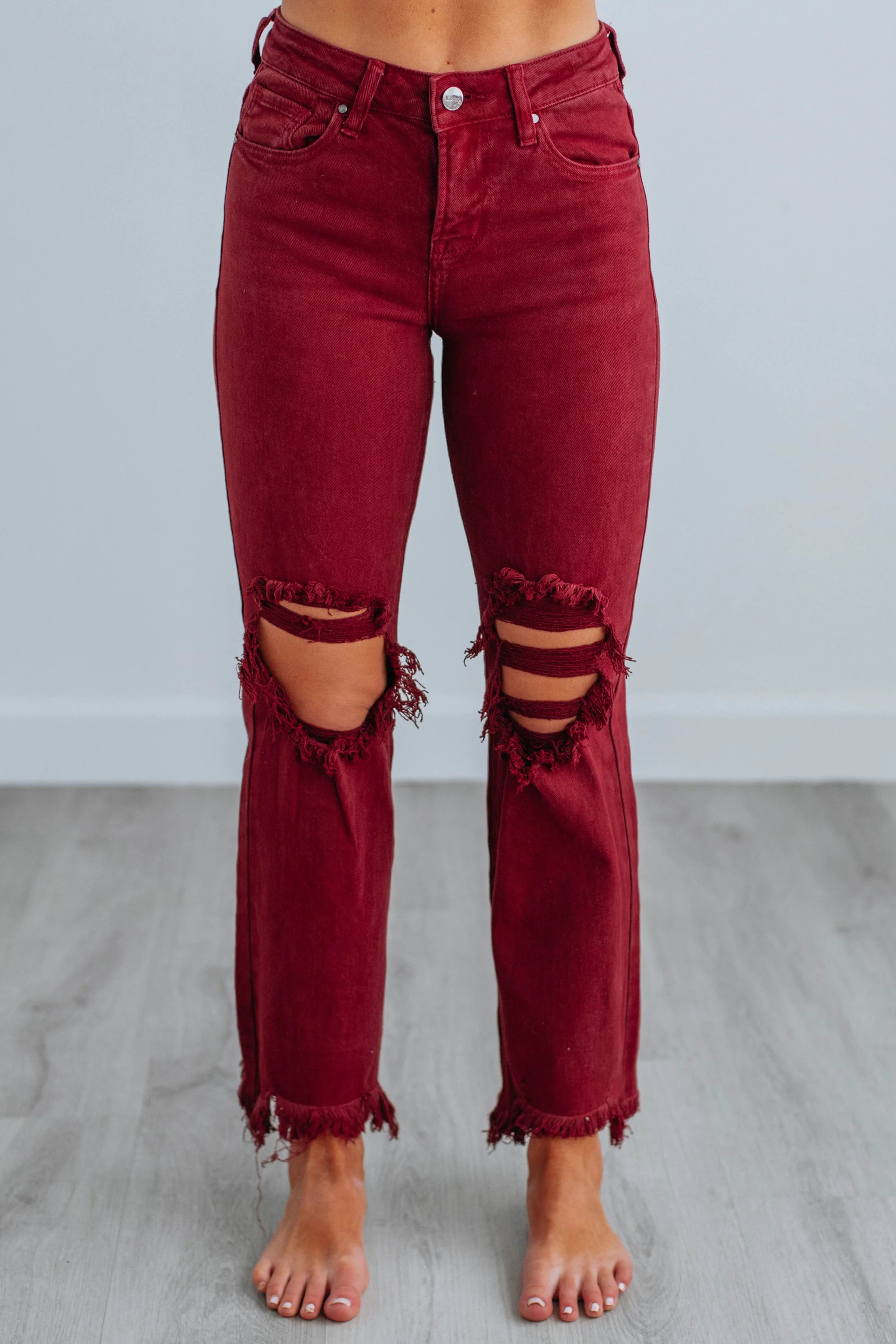 Women's Distressed Stretch High Rise Straight Jeans