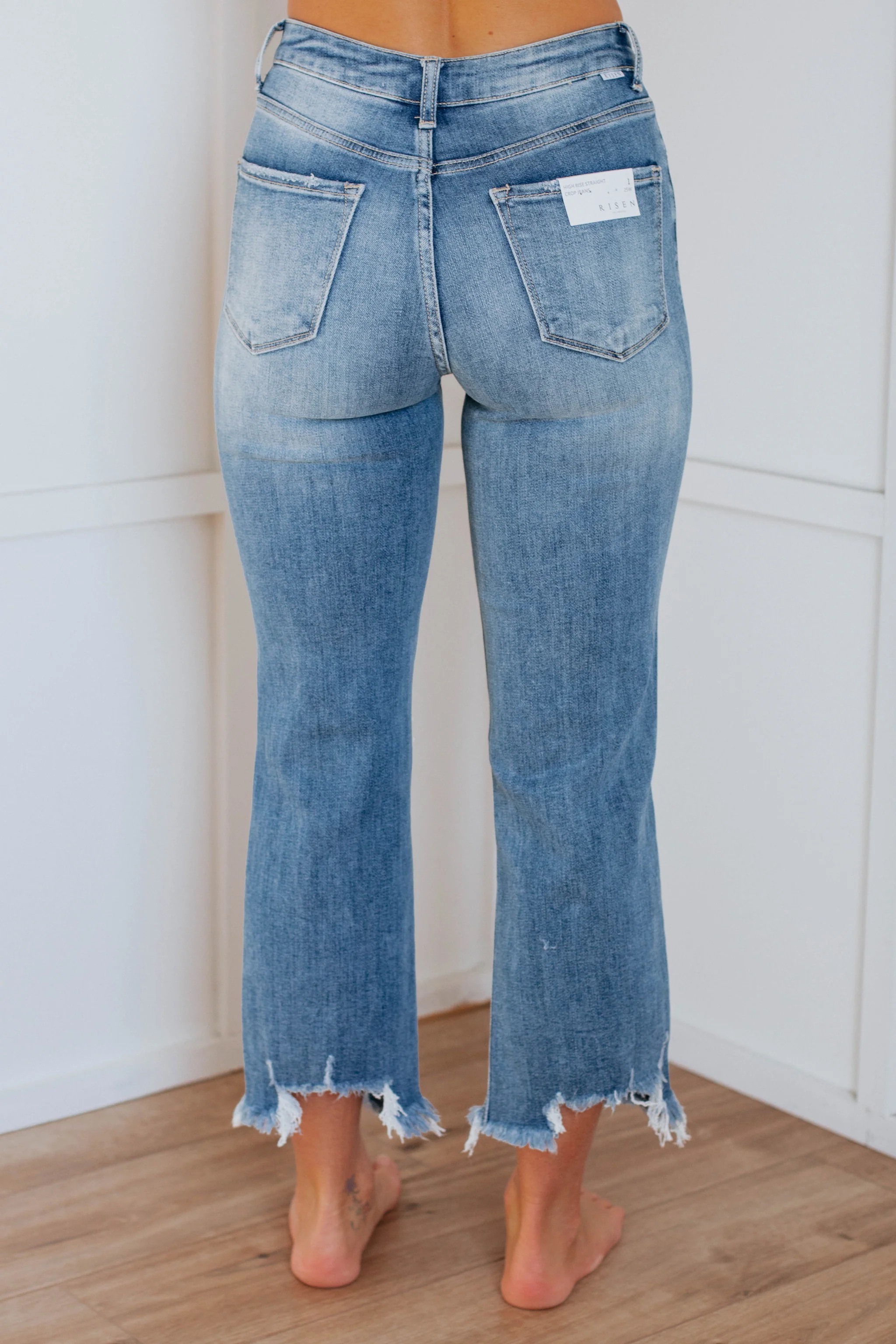 Women's Distressed Stretch High Rise Straight Jeans