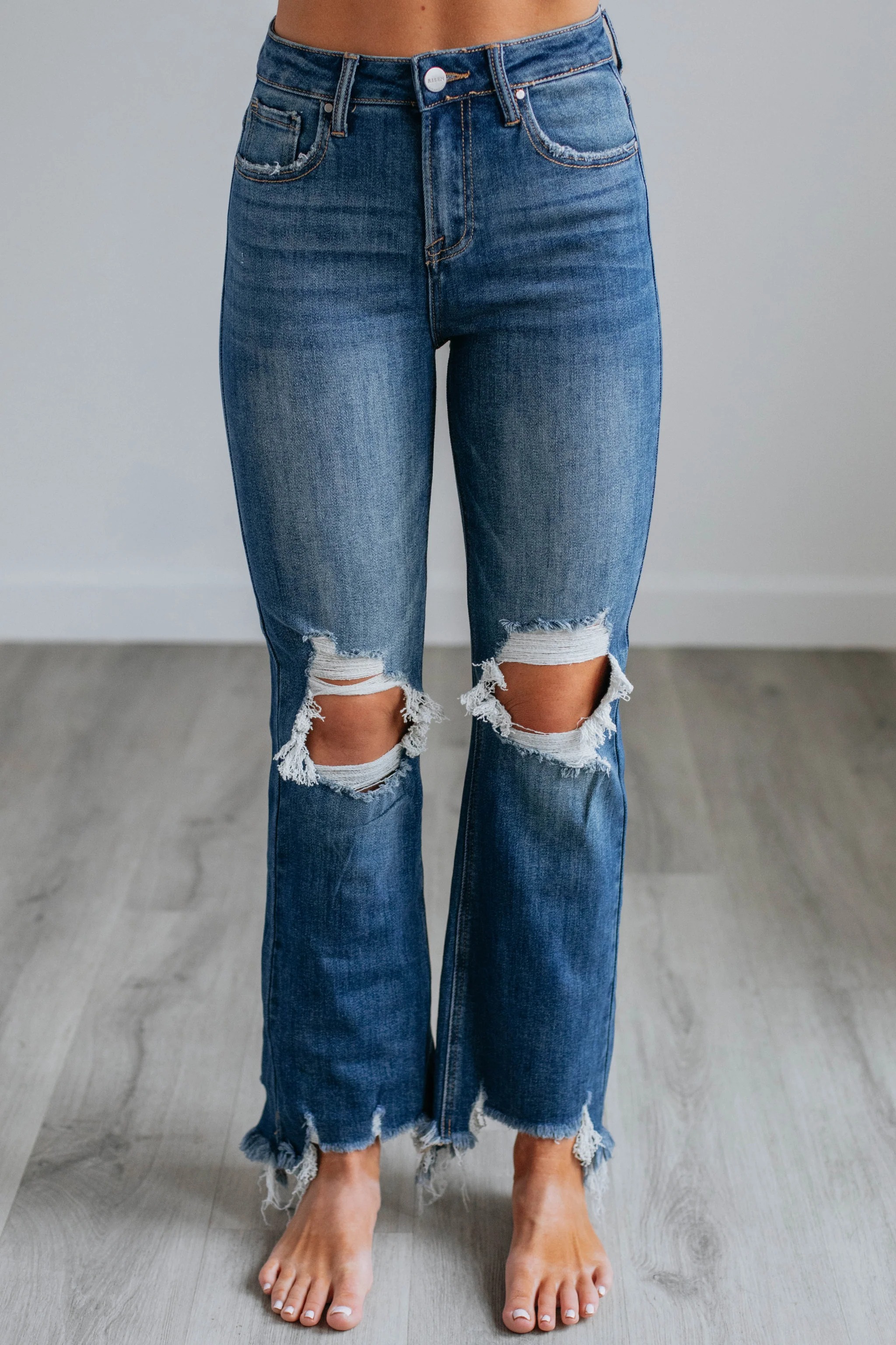 Women's Distressed Stretch High Rise Straight Jeans