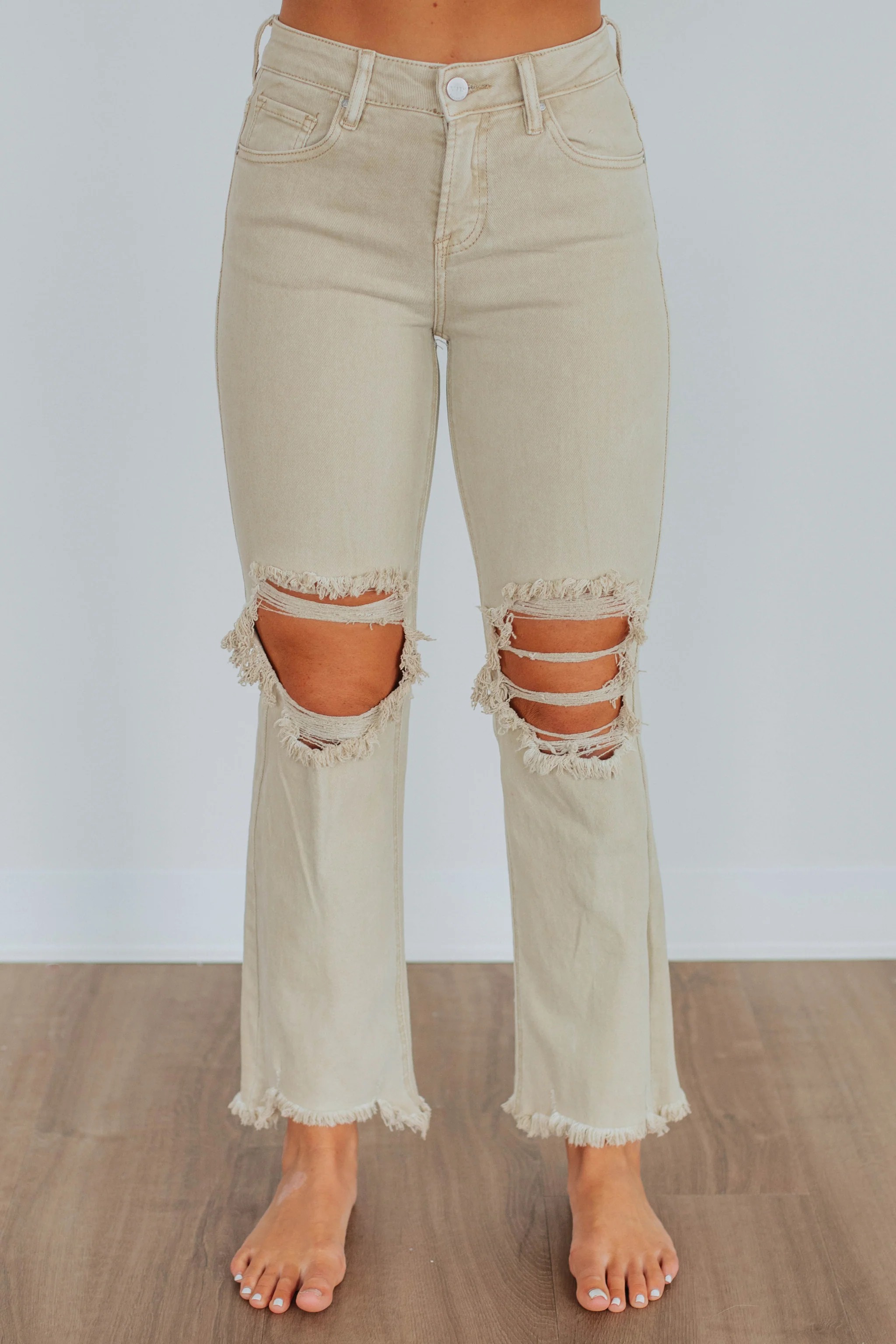 Women's Distressed Stretch High Rise Straight Jeans