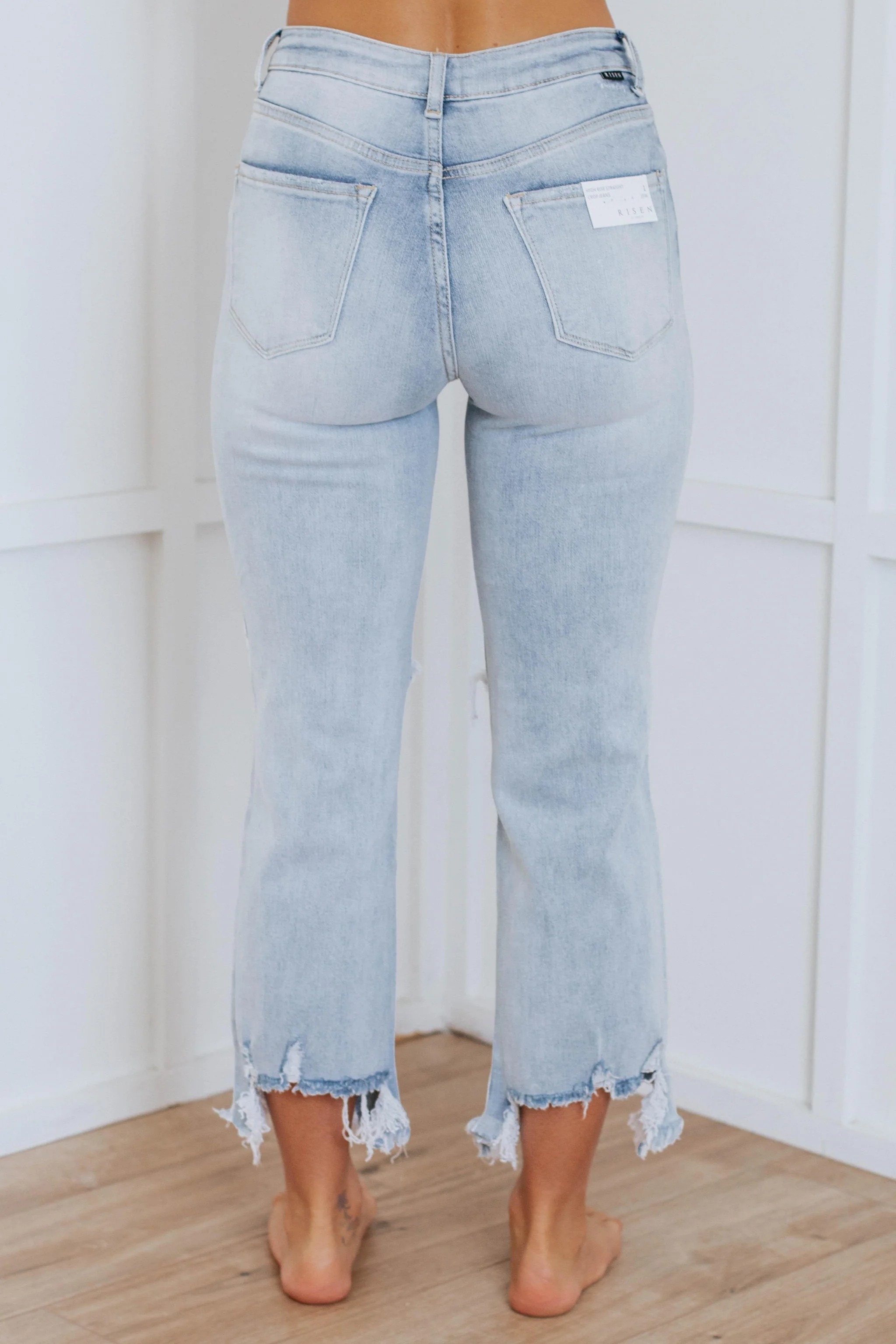 Women's Distressed Stretch High Rise Straight Jeans