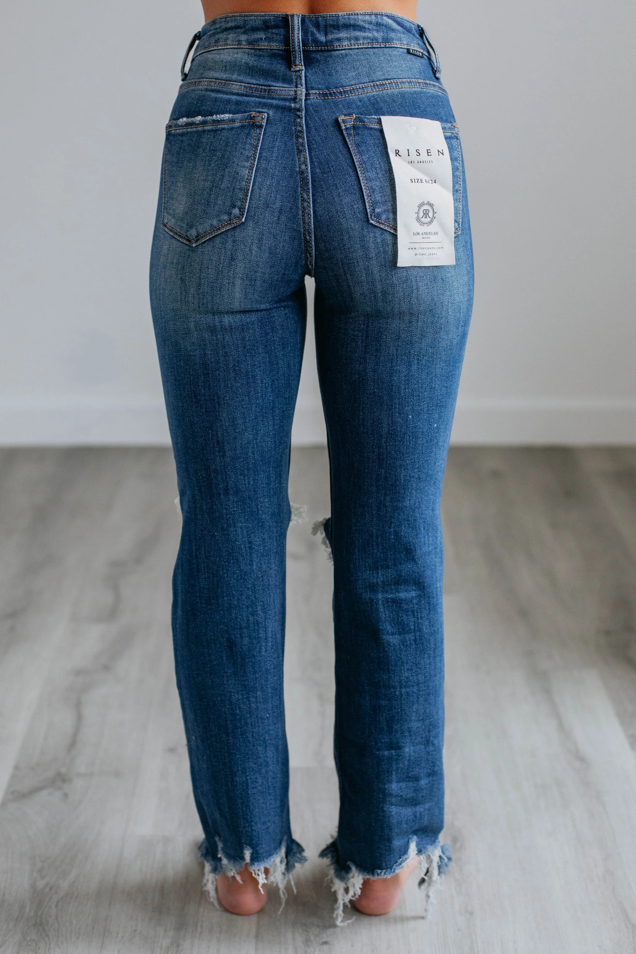 Women's Distressed Stretch High Rise Straight Jeans