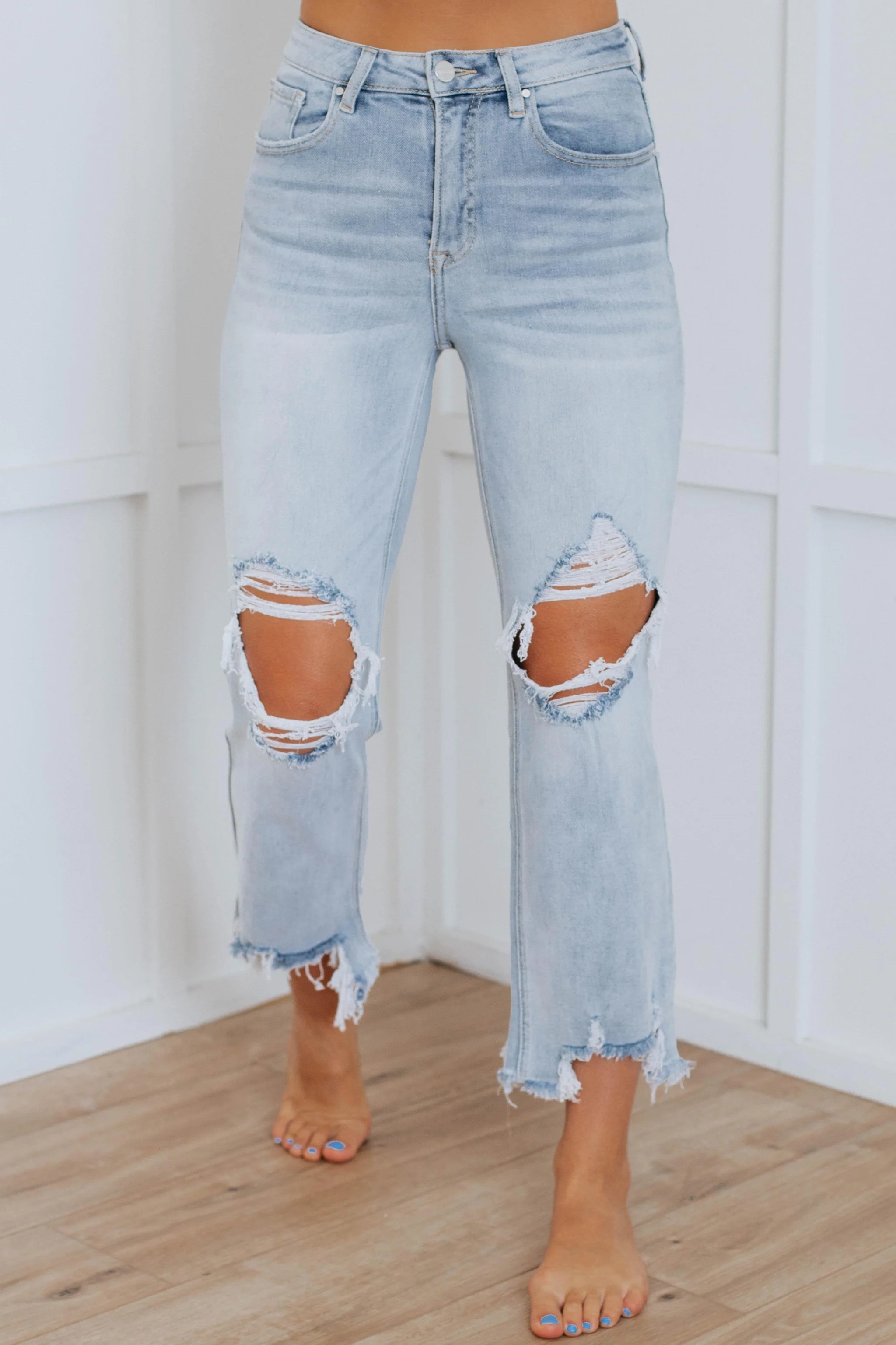 Women's Distressed Stretch High Rise Straight Jeans